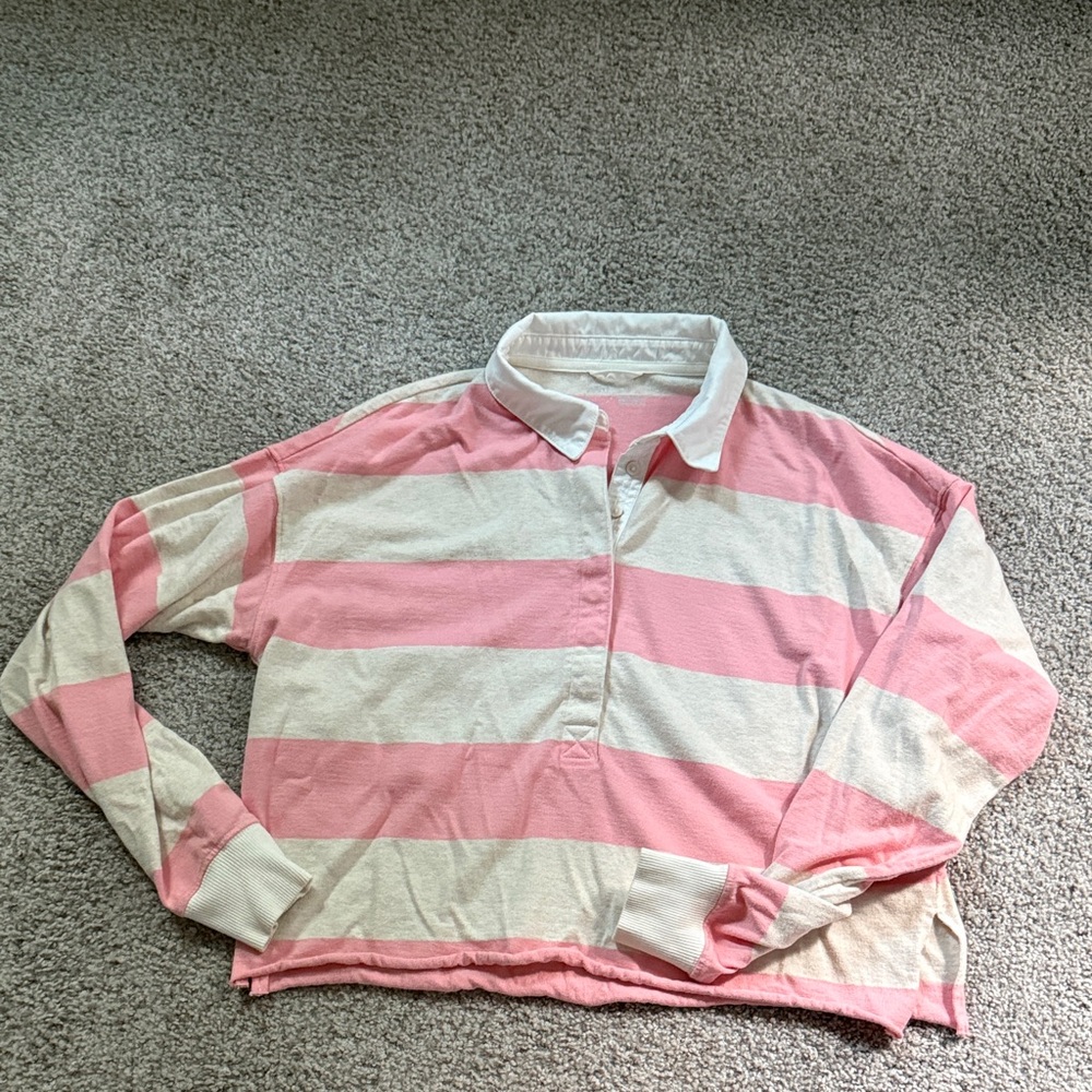 aerie Pink and Cream Striped Rugby Polo